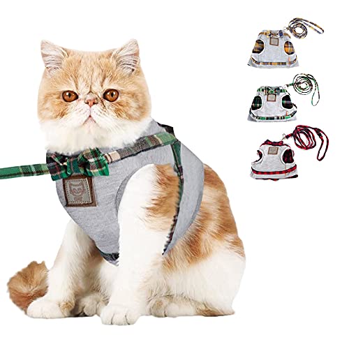 Enkarl 猫ハーネス 犬ハーネス 牽引ロープ リード ベスト 胸あて式 猫用 首輪 胴輪 リボン 蝶ネクタイ チェック柄 引っ張り防止 キャットウエア 散歩 お出かけ 可愛いハーネス チェック柄 マジックテープの着脱式 (M, グリーン)