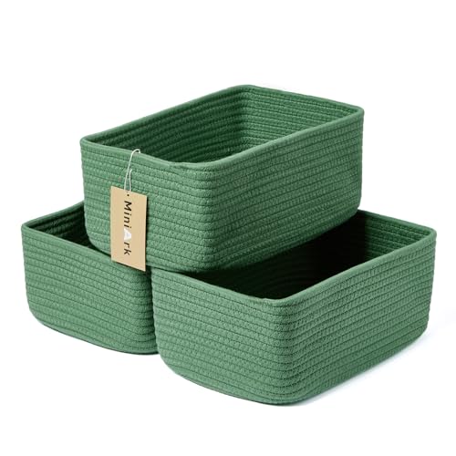Image of MiniArk Small Storage Baskets for Organizing | Closet Organizer Bins | Shelf Toy Basket | Woven Rope Baskets | Cube Decorative Box | Shallow Basket | 11.5x7.5x4.7” | 3 Packs Green
