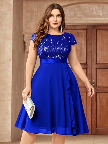 Knitee Women's Plus Size Elegant Sequin Glitter Chiffon Ruffle Style Cocktail Prom Flowy Dress3