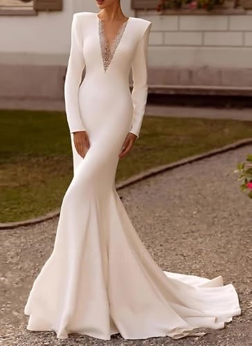 Long Sleeves Mermaid Formal Dresses with Train Long V Neck Wedding Guest Dresses for Bride Satin Party Gowns3