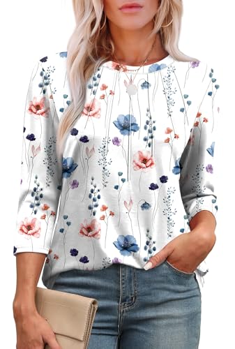 Image of XIEERDUO Womens 3/4 Sleeve Tops Ladies Blouses Crew Neck Pleated Shirts Fashion Dressy Tunic Blouses Size 10-12 White Blue Floral M