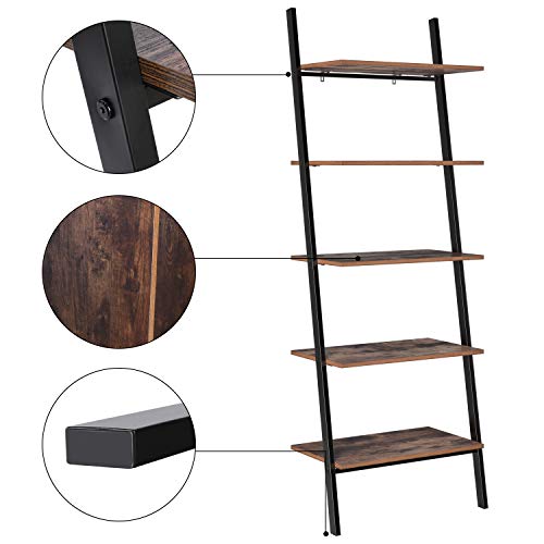 Homfa Industrial Ladder Shelf, 5-Tier Plant Flower Stand Leaning Wall Bookcase, Multipurpose Storage Organizer Display Rack, Wood Look Accent Metal Frame Home Office