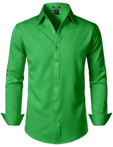 JEMITOP Men's Stretch Soft Slim Fit Dress Shirts Long Sleeve Formal Wedding Business Casual Button Down Up Shirt Shamrock Green L