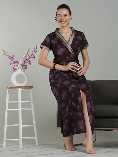 Image of 9shines Label Stylish Cotton Nighty Robe for Women | Front Open Floral Housecoat | Wrap Nighty with Pocket | Adjustable Waist Tie | Plus Size housecoat (HC-2026)