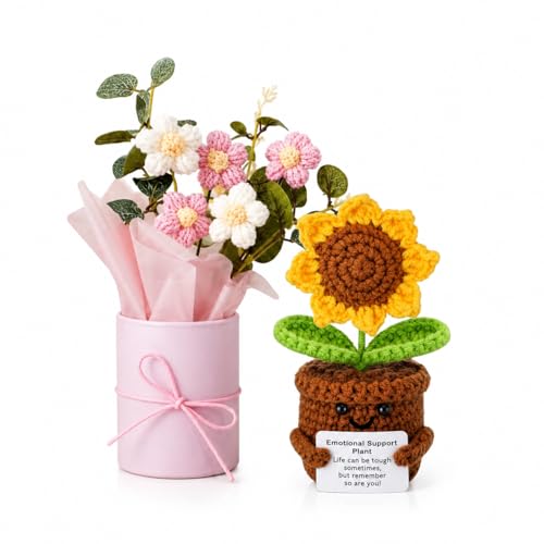 Image of Crochet Flower Bouquet & Emotional Support Sunflower Combo - Handmade Knitted Floral Gift Set | Aesthetic Mini Decor Combo