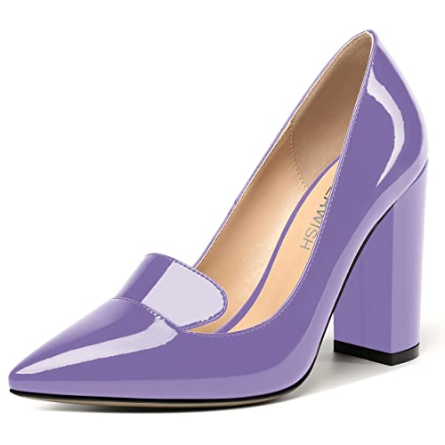 ROSERWISH Womens Slip On Fashion Party Pointed Toe Sexy Patent Block High Heel Pumps Dress Shoes 4 Inch