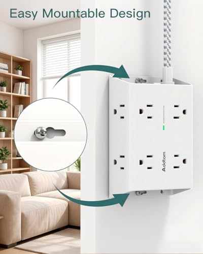 Addtam Protector contra Sobretensiones Regleta de Energía, 8 Tomas con 4 Puertos USB (2 USB C), Cable de Extensión de 15 pies con Múltiples Tomas, Extensor de Salida de 3 Lados, Enchufe Plano, Montaje en Pared, ETL, Blanco miniatura 6