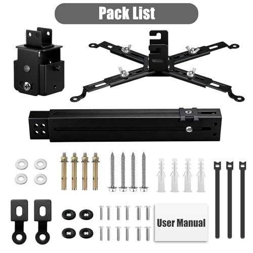 2-Be-Best Projector Ceiling Mount Wide Pipe Universal 3-in-1 Projector Wall Mount Bracket with Adjustable Arm, Flush Mount Option, Built-in Cable Management for Office Home Black