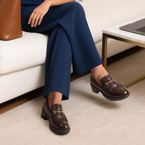 DREAM PAIRS DREAM PAIRS Women's Chunky Loafers, Platform Comfortable Slip-On Dressy Business Casual Shoes,Size 9.5,Brown-Pu,SDLS2410W