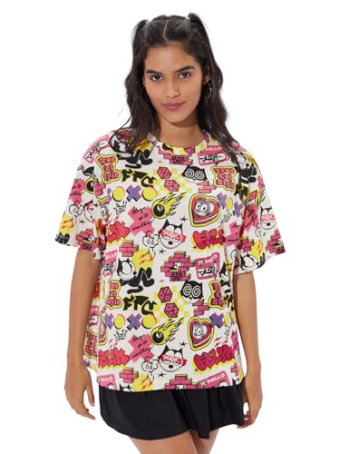 Image of The Souled Store Official Felix The Cat: Graffiti Women and Girls Short Sleeves Round Neck Multicolor All Over Printed Cotton Oversized T-Shirts