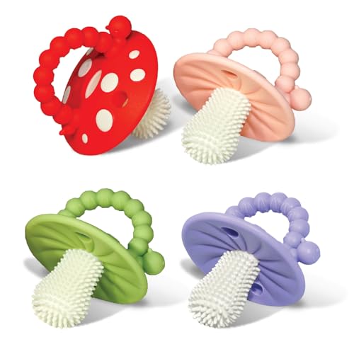 Image of RaZbaby Soft Silicone Infant & Baby 3M+ Teether Toy Massaging Bristles Teething Relief Pacifier - Soothes Sore Gums - Hands-Free & Easy-to-Hold Chompy Teether 4PK, BPA Free (Lavender/RED/Pink/Green)