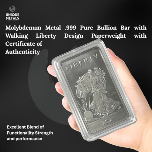 Molybdenum Metal Bar w/COA - 1 Troy Ounce Molybdenum Metal .999 Pure Bullion Bar with Walking Liberty Design Paperweight and Certificate of Authenticity