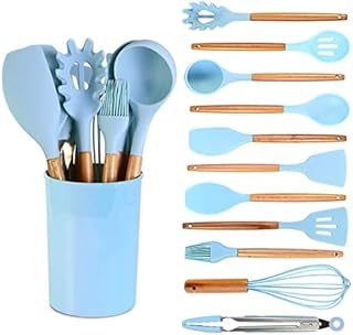 12 Pcs Silicone Cooking Utensils Kitchen Utensil Set, Wooden Cooking Utensils Silicone Cooking Utensils/Kitchen Utensils/Household Products,light blue