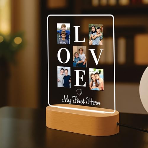 Image of Giftplease Personalized Photo Acrylic Night Light - Custom LED Table Lamp with Wooden Base, Photo Collage Frame - Custom Birthday, Rakhi, & Special for Brother