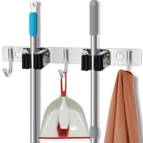Favbal Mop Broom Holder Wall Mount Stainless Steel Storage Organization Hanger with 2 Tool Racks and 3 Utility Hooks for Closet Garage Kitchen Garden