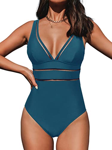 CUPSHE Maillot de bain une pièce pour femme - Col en V - Bretelles larges - Contrôle du ventre - Dos évasé - Style vintage, bleu, S Cover
