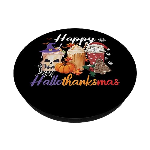 Coffee Latte Happy Hallothanksmas Halloween Thanksgiving PopSockets Swappable PopGrip, Black - Image 2
