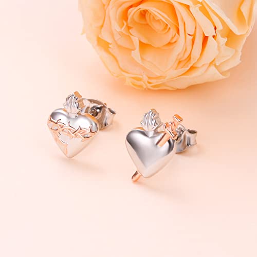 DAOCHONG Sterling Silver Sacred Heart & Immaculate Heart of Mary Mismatched Earring Studs - Christian Jewelry for Women & Men - Easter Gift4