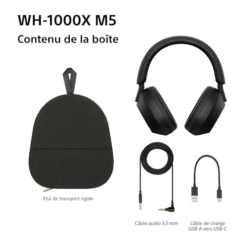Sony WH-1000XM5 - Étui Rigide, Casque sans Fil Haut de Gamme à réduction de Bruit, Bluetooth, qualité d'appel Claire, Audio Hi Res, 30h d'autonomie, étui Rigide, iOS et Android - Noir