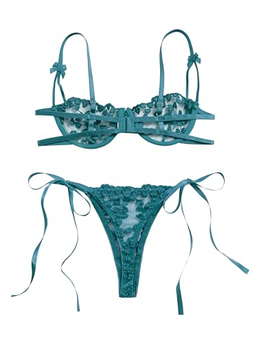 Image of Lilosy Sexy Tie Side Cute Underwire Push Up Strappy Embroidered Mesh Sheer Lingerie Set