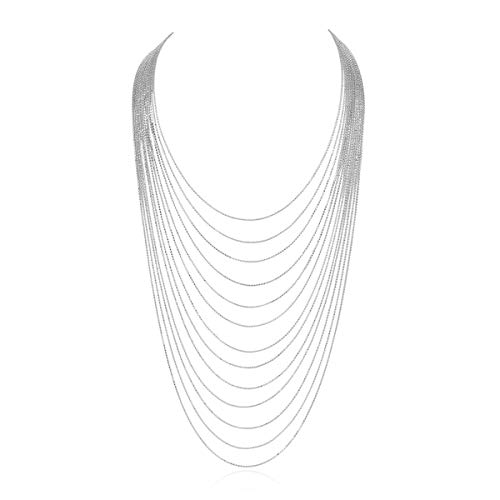 RIAH FASHION Boho Chain Drape Multi Strand Long Layered Waterfall Necklace - Statement Bib, Metallic Bead Collar Choker, Bohemian Fringe Tassel (Ball Chain 2 - Silver)