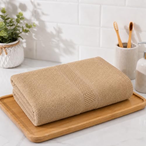 Image of 100% Pure Cotton Bath Towel for Men & Women | 380 GSM Ultra Soft, Highly Absorbent & Quick Dry Bath Towel | Large 55 x 28 Inch Matty Terry Towel for Bathroom, Gym, Travel & Daily Use | Light Brown