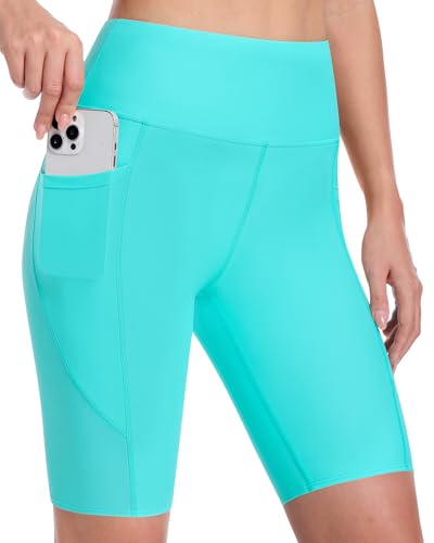 Runhit Women's Swim Board Shorts Swimsuit Bathing Suit Bottom UPF50+ High Waisted Tummy Control Quick Dry Pockets Liner 9" M Lake Green