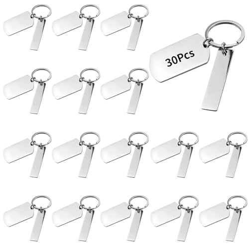 Llaveros de acero inoxidable estilo etiqueta militar en blanco con anillos, pack de 30 unidades