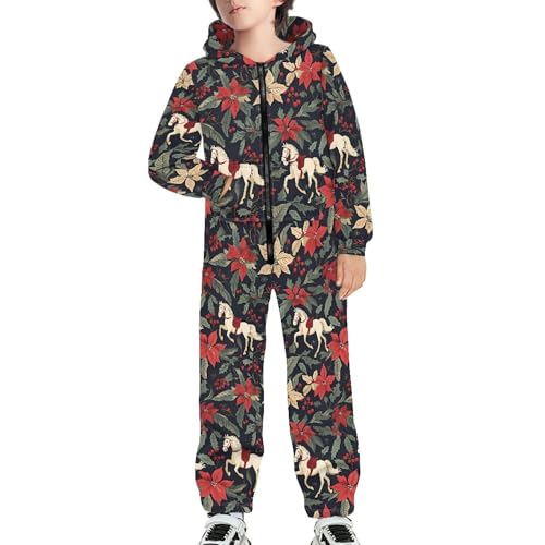 Shin Fashion Boys Girls Zipper Onesie Jumpsuits Christmas Horses Poinsettias Long Sleeves Hooded Jumpsuit Soft Comfortable One Piece Rompers X-Large