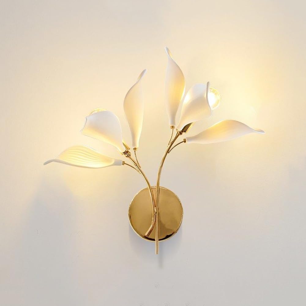 KBUUKYYXouy 2-Lights Nordic Leaf White Ceramics Wall Light Fixture Gold Mid Century Modern Wall Sconce Hardwired Bedroom Wall Mounted Lamp Indoor Bathroom Wall Lighting for Living Room Aisle Hallway