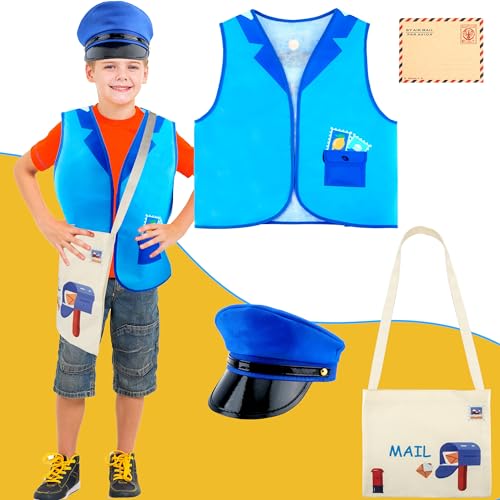 Disfraz infantil de cartero con chaleco, gorra y bolsa miniatura 6