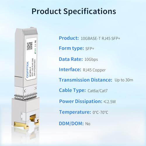 Image of QSFPTEK 10GBASE-T SFP+ Copper Module, 10gb SFP Transceiver, SFP to Ethernet, 10 gigabit Mini-GBIC SFP to rj45 for Intel E10GSFPT, up to 30m