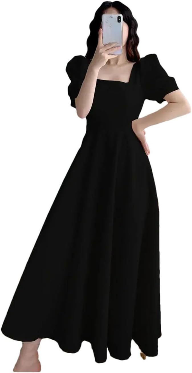 Women's Square Collar Dress Waist-Fitted Long Dress Slimming Effect Women Dresses