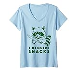 Damen Ich Brauche Snacks Waschbär Lustiges Spruch Grafik Bär Tier T-Shirt mit V-Ausschnitt