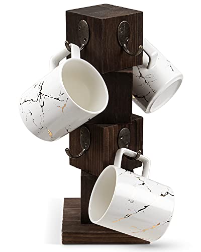 wooden coffee cup holder - PUERSI Coffee Mug Holder for Counter, Rustic Solid Wood Mug Tree, Farmhouse Wooden Coffee Cup Rack, Distressed Mug Stand with 8 Hooks (Rustic Brown)