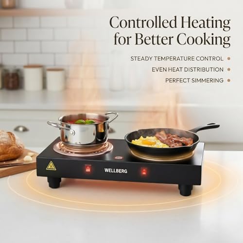 Image of Wellberg Double Burner Electric Hot Plate | 2000W Portable Cooktop with Independent Rocker Switches & Indicator Lights | Durable Metal Body Design