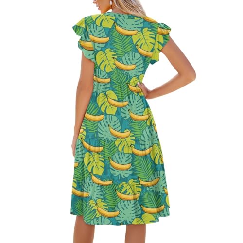 Image of Women's Casual Ruffle Sleeve Dress V Neck Pullover Dress Flowy A-Line Pleated Lightweight Dress with Pockets