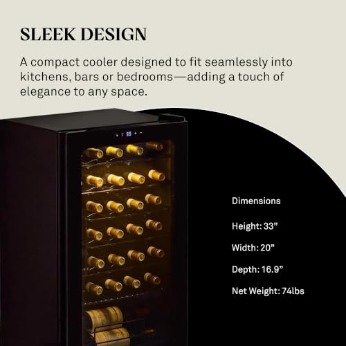 Image of Wine Enthusiast 33-Bottle Compressor Wine Cooler w /Upright Bottle Storage - Freestanding 3.3 Cu. Ft. Wine Refrigerator, LED Digital Control Panel, Energy-Efficient Cooling of 41-64F
