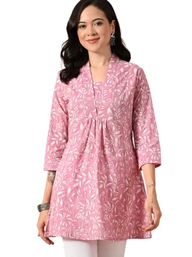 Image of Amazon Brand - Tavasya Women Ethnic Printed V-Neck Cotton Short A-line Kurta | Stylish Casual Everyday Office Top | 3 /4th Sleeve | Regular Fit