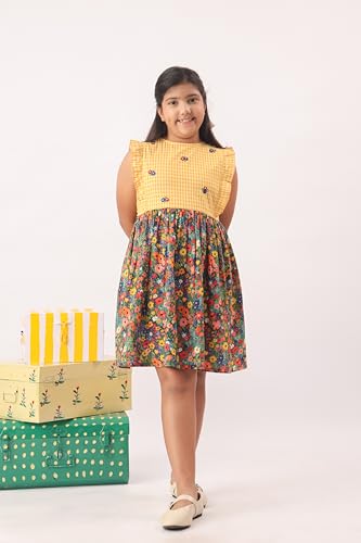 Image of Kids Girls Printed Embroidered Fusion Dress | Handmade Crafted Designer Ethnic Wear | 100% Cotton
