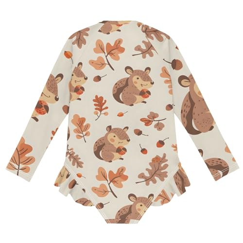Girls One Piece Swimsuits Long Sleeve Swimsuit Zipper Bathing Suits Squirrel Acorns Beige2