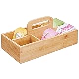 mDesign Bamboo Wood Compact Tea Storage Organizer Caddy Tote Bin - 6 Divided Sections, Attached Handle - Holder for Tea Bags, Coffee, Packets, Sugar/Sweeteners and Small Packets - Natural