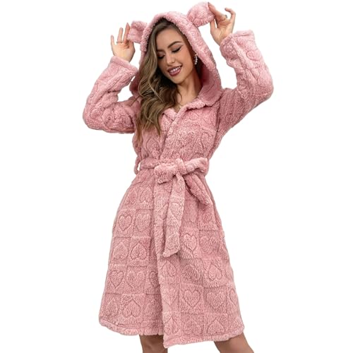 Hiseng Albornoz Mujer Bata Mujer Invierno Jacquard Corazón Batas de Casa de Polar Larga Suave y Grueso con Bolsillos y Cinturón Albornoz de Baño con Capucha Cálido Ideal, Sauna Casa (Rosa,S)