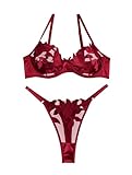 Lilosy Sexy Satin Mesh Floral Sheer Embroidered Underwire Lingerie Set 2 Piece Women Push Up See Through Matching Bra Panty Wine Red Medium