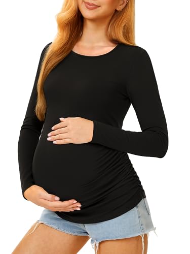 MIRAZEN Maternity Shirts Long Sleeve Pregnancy Top for Women with Crew Neck Casual Tee Shirts Black Medium