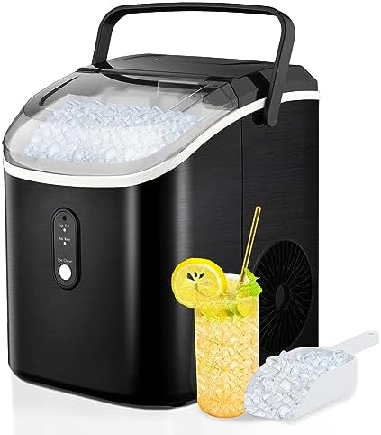 Humhold Portable Nugget Ice Maker CounterTop, 33Lbs/24Hrs Chewable Pebble Ice, Auto Self Cleaning, Crushed Pellet Ice Cubes Maker Machine with Handle, Compact Design for Home/Kitchen/Camping/RV