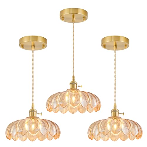 GMTB 3 Pack Glass Pendant Lights Kitchen Island, Vintage Brass