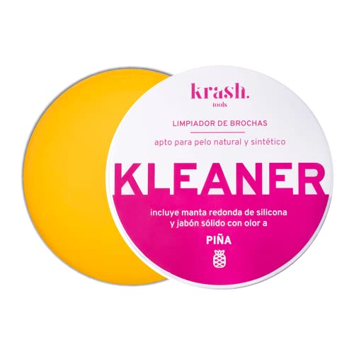 KRASH KOSMETICS - Limpiador de brochas de maquillaje - Jabón Sólido Limpia Pinceles Pelo Natural y Sintético - Manta de Silicona en la tapa - Olor a Piña - Ideal para Viaje - Vegano