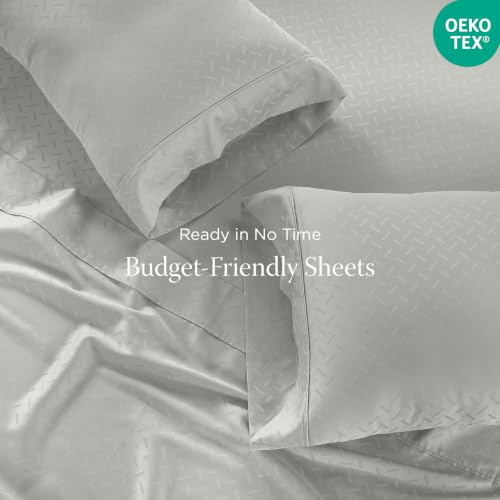 Image of Threadmill 300TC Cotton Full Sheet Set, Sateen, Jacquard, Light Grey | 100% Cotton, Sateen Weave, Jacquard Pattern, 4-Piece Set, 16 inch Deep Pocket, Cooling, OEKO-TEX Certified, Machine Washable