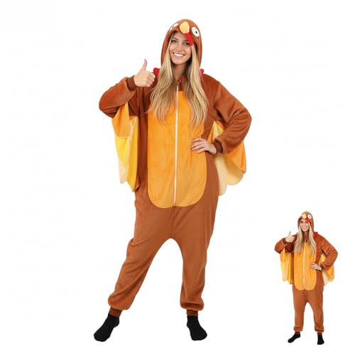 DEZEXHOM 3D Turkey Hooded Onesie Costume Adult Pajamas Animal Plush Loungewear Sleepwear for Halloween Christmas Thanksgiving(L) Brown